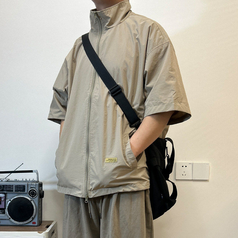 日系户外立领机能拉链短袖夹克男春夏休闲宽松五分袖运动工装外套