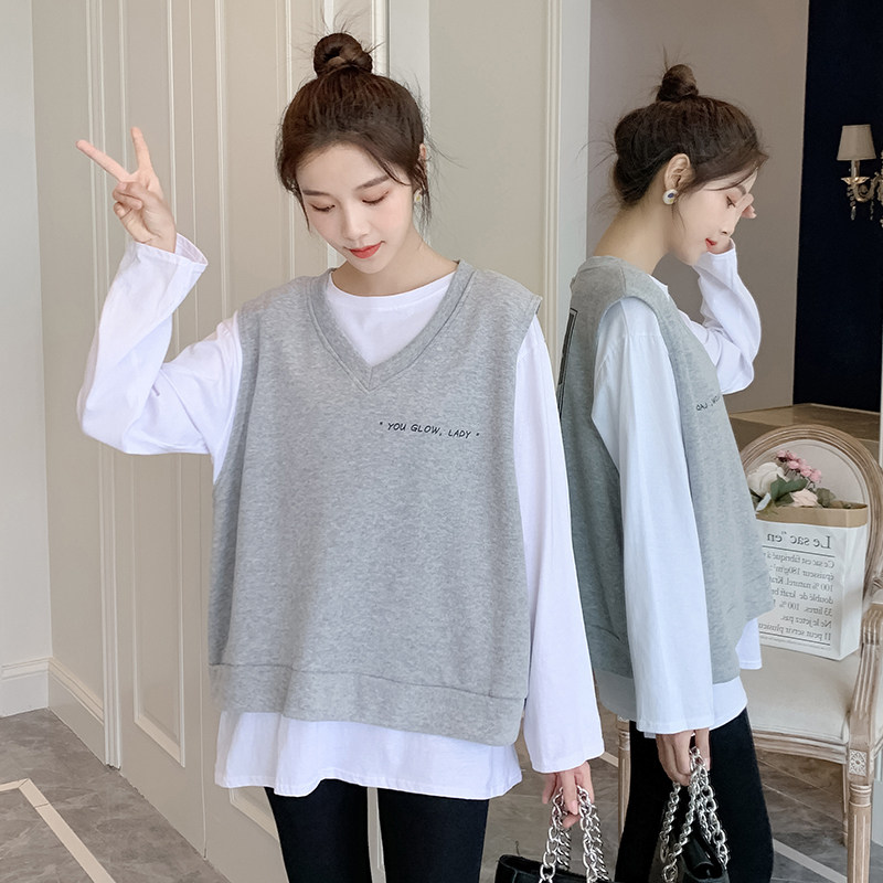 150 작은 가을 겨울 출산복 순면 프린트 티셔츠 + 탑 베스트 XS 작은 사이즈는 임신을 보여주지 않습니다 투피스 세트 155