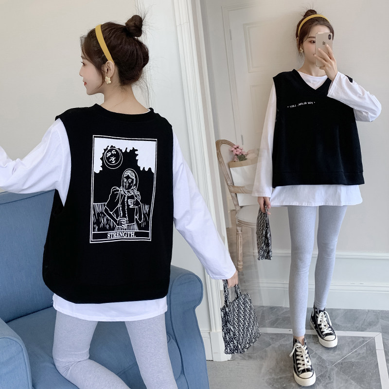 150 작은 가을 겨울 출산복 순면 프린트 티셔츠 + 탑 베스트 XS 작은 사이즈는 임신을 보여주지 않습니다 투피스 세트 155