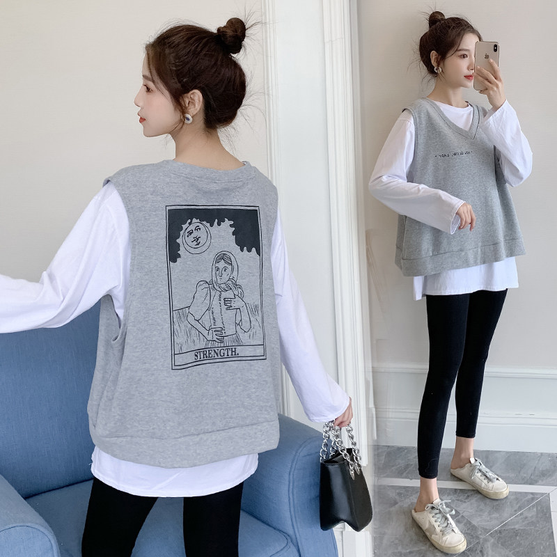 150 작은 가을 겨울 출산복 순면 프린트 티셔츠 + 탑 베스트 XS 작은 사이즈는 임신을 보여주지 않습니다 투피스 세트 155