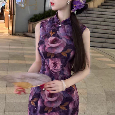 新中式国风花朵港工旗袍带闪紫花