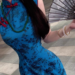 显瘦夏季撞色新中式立领旗袍蓝色演出走秀旗袍裙收腰显瘦秦淮河畔