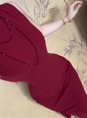 新中式高级气质港工复古红色旗袍收腰显瘦国风改良连衣裙 名红枝