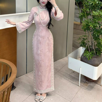 秋冬麂皮珠链蕾丝旗袍女粉太太