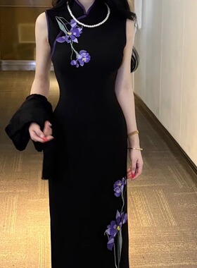 新中式弹力针织连衣裙旗袍女新中式日常高级感黑色长裙港工兰妃娘