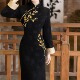女长袖 中式 复古高级刺绣旗袍冬季 显瘦绝美连衣裙日常黑色金梅报喜