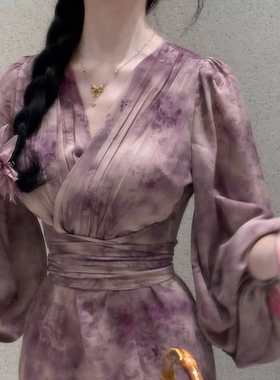 新中式约会日常温柔喇叭袖连衣裙紫海神明少女特别漂亮紫色掐腰裙