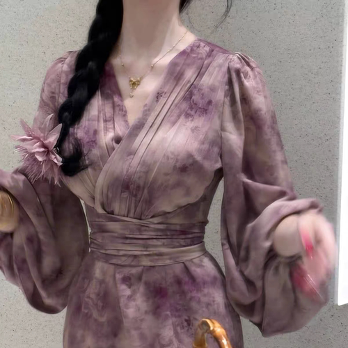 中式日常温柔连衣裙紫海神明少女