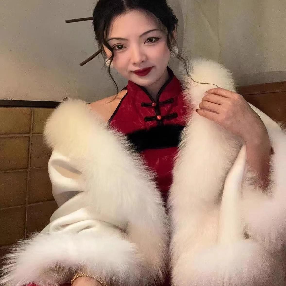 中式国风仿大狐狸毛斗篷披肩外套