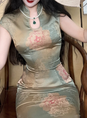 夏季新中式国风旗袍裙提花缎面旗袍轻奢气质绝美连衣裙女  清妃笑