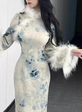 2026新款温柔改良气质旗袍新中式秋冬款针织复古连衣裙厚款晚香玉