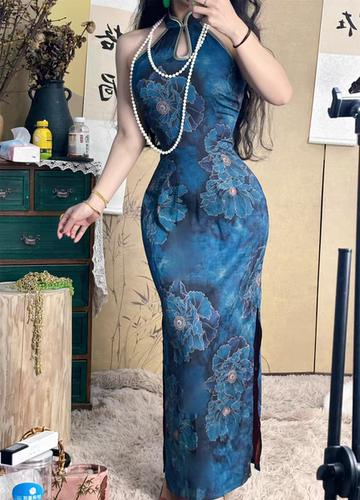 新中式日常挖肩旗袍女复古兰陵王