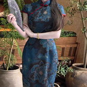 兰陵王 国风夏季 长裙复古旗袍 新中式 短袖 连衣裙改良年轻旗袍修身