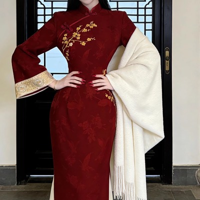 新中式红色旗袍女金梅报喜倒大袖