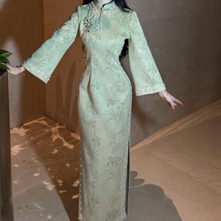 秋冬麂皮高级珠链蕾丝新式旗袍连衣裙中式可穿日常旗袍 豆绿太太