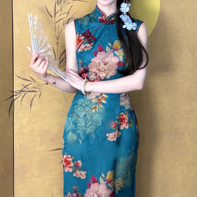 撞色国风新中式旗袍港工蓝佳人