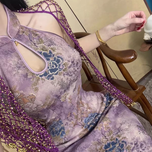 绝美水滴领烫金提花旗袍裙女紫妃