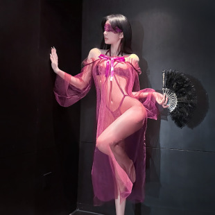 性感紫色薄纱透视网纱肚兜女系带约会制服性感套装网纱制服女士