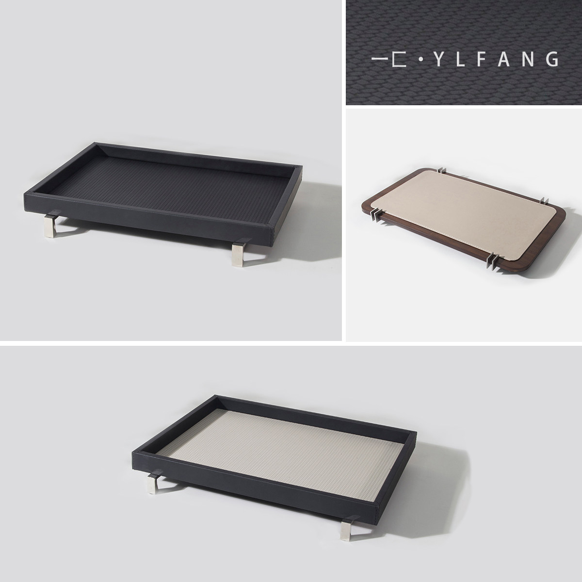 一匚 轻奢长方形金属皮革置物托盘 样板房酒店会所茶几民宿饰品