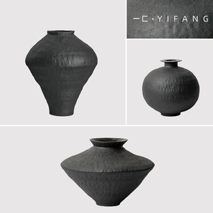 侘寂风手工禅意黑色陶瓷花瓶 民宿茶室酒店样板间摆件 新中式 一匚