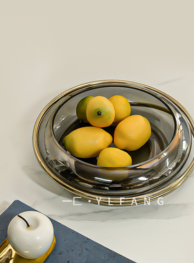 一匚现代轻奢灰色金圈玻璃果盘摆件 样板间售楼部会所桌面饰品