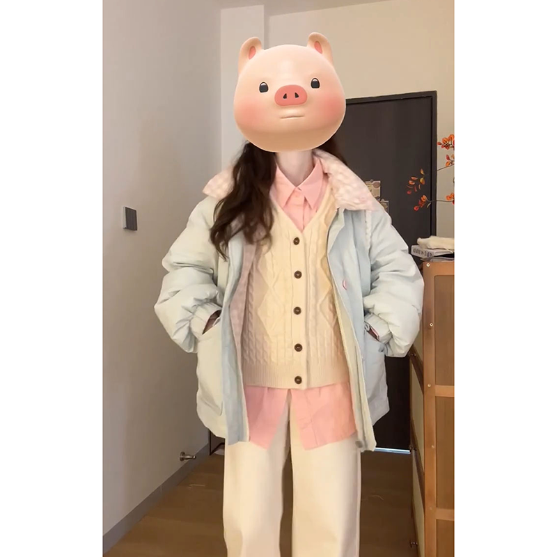 韩式温柔慵懒风翻领双面穿拉链棉服外套冬季新款加厚保暖棉衣棉袄