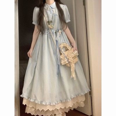 蓝色小个子娃娃领木耳花边连衣裙