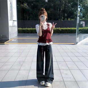 两件套装 牛仔阔腿裤 一整套温柔气质穿搭假两件设计拼接衬衣 春季