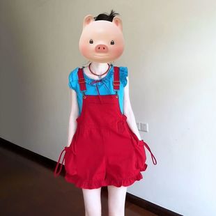两件套穿搭 夏日可爱多巴胺甜妹风蓝色木耳边上衣搭配红色背带短裤