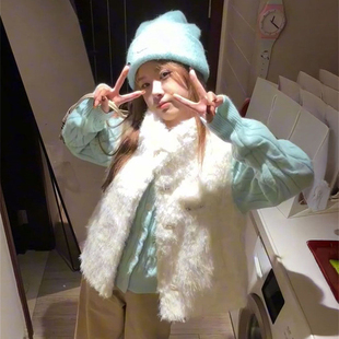 法式复古慵懒风毛茸茸马甲背心毛衣叠穿蓝色针织毛衣开衫两件套装