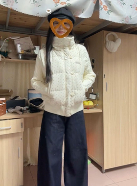 韩系温柔甜美风波点针织拼接设计感棉服外套女冬季短款保暖面包服