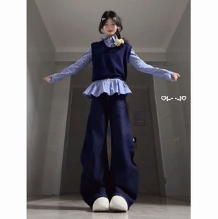 衬衫 复古休闲甜妹藏蓝色毛衣背心马甲搭配polo领蓝格子长袖 两件套