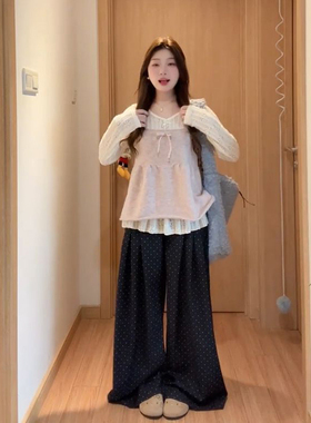 秋季一整套温柔甜美蝴蝶结针织吊带背心马甲叠穿镂空长袖上衣穿搭