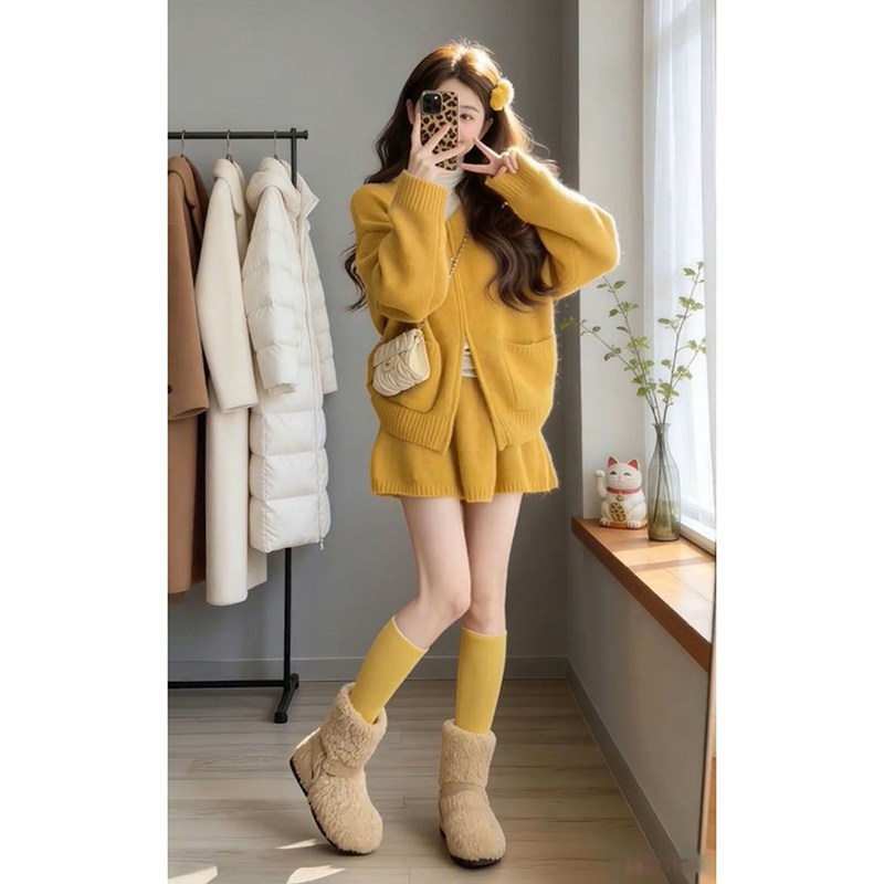 秋冬款温柔活力氛围感双拉链大口袋开衫毛衣+针织半身裙两件套装