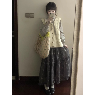 两件套装 衬衫 温柔气质感杏色针织背心马甲叠穿格子长袖 2026春秋季