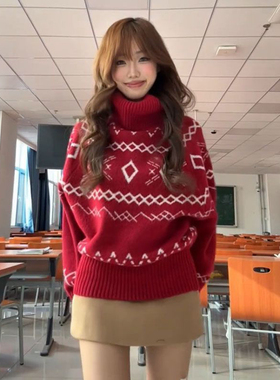 新年温柔圣诞费尔岛红色高领针织套头毛衣衫慵懒宽松休闲软糯上衣