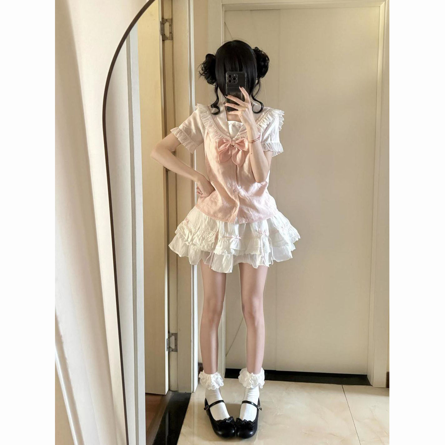 蝴蝶结短袖上衣+蛋糕半身裙