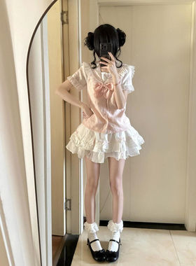日系甜美小个子海军领蝴蝶结短袖上衣搭配高腰蛋糕半身裙两件套装