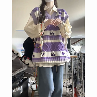 两件套装 绑带衬衫 温柔感爱心条纹针织毛衣马甲背心搭配长袖 秋冬季