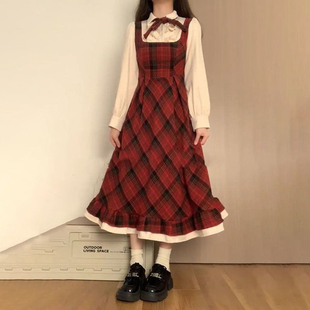 法式温柔圣诞节假两件红色格子连衣裙冬日女学生复古甜美风a字裙