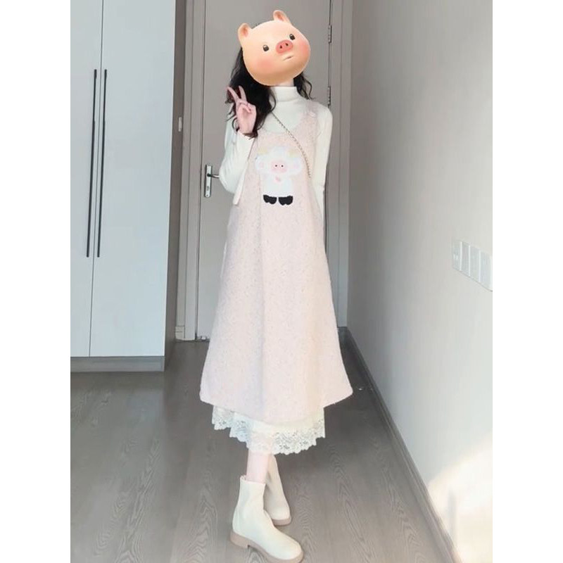 白月光初恋风减龄小动物粉色毛呢针织背心连衣裙女叠穿打底衫套装,女装/女士精品,时尚套装,淘宝优惠券,粉丝福利购,淘宝优惠卷