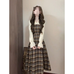 韩式 复古文艺千金风假两件格纹拼接连衣裙女学生温柔收腰显瘦长裙