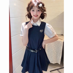 日系时尚 学院风藏青色百褶背心连衣裙搭配POLO领短袖 上衣两件套装
