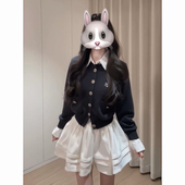 日系甜美少女风黑色假两件拼接开衫 外套搭配白色半身短裙两件套装