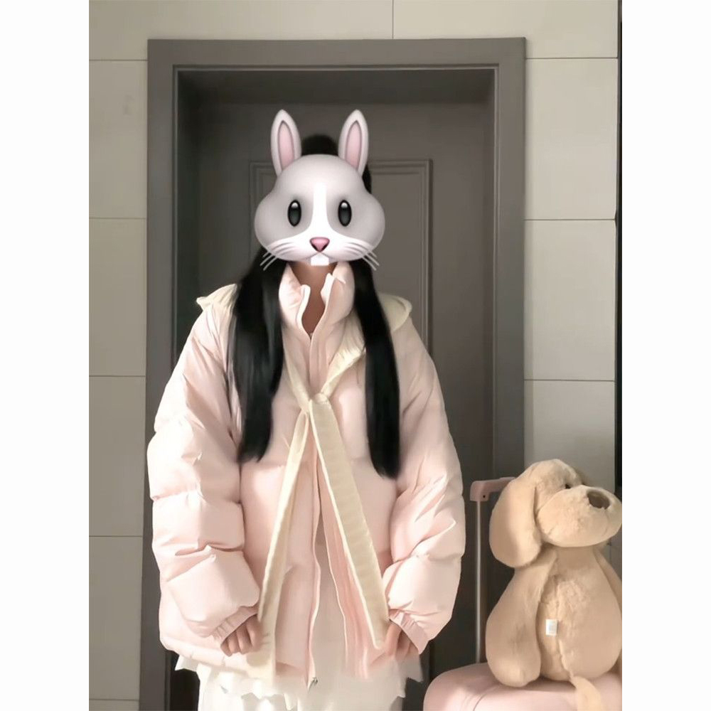 粉色棉服外套+帽子披肩