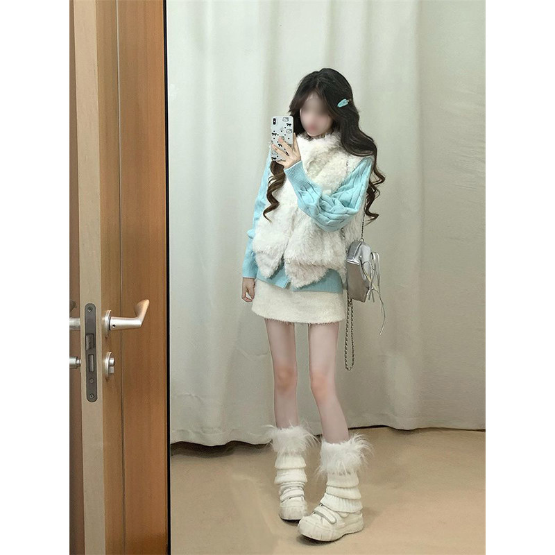 秋冬季温柔甜美风软糯毛茸茸马甲叠穿薄荷绿麻花针织毛衣两件套装