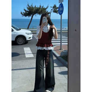 两件套装 新款 温柔气质学院风假两件拼接设计衬衣搭配蓝色阔腿长裤