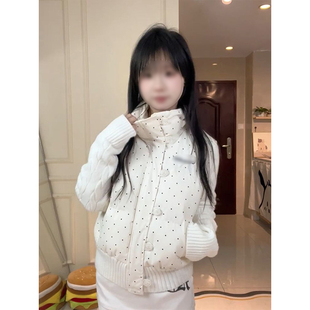 法式温柔通勤学院风杏色波点拼接针织棉服百搭立领保暖氛围感棉衣