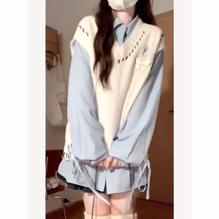 日系初恋甜美感蝴蝶针织马甲背心毛衣搭配蓝色长袖 两件套穿搭 衬衫