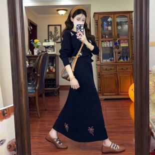 外套搭配高腰半身裙两件套装 法式 淑女高级感v领提花针织毛衣开衫